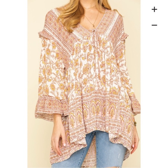 Free People Bohemian Floral Print Women's Oversized Tunic Top with Pockets - Picture 11 of 12